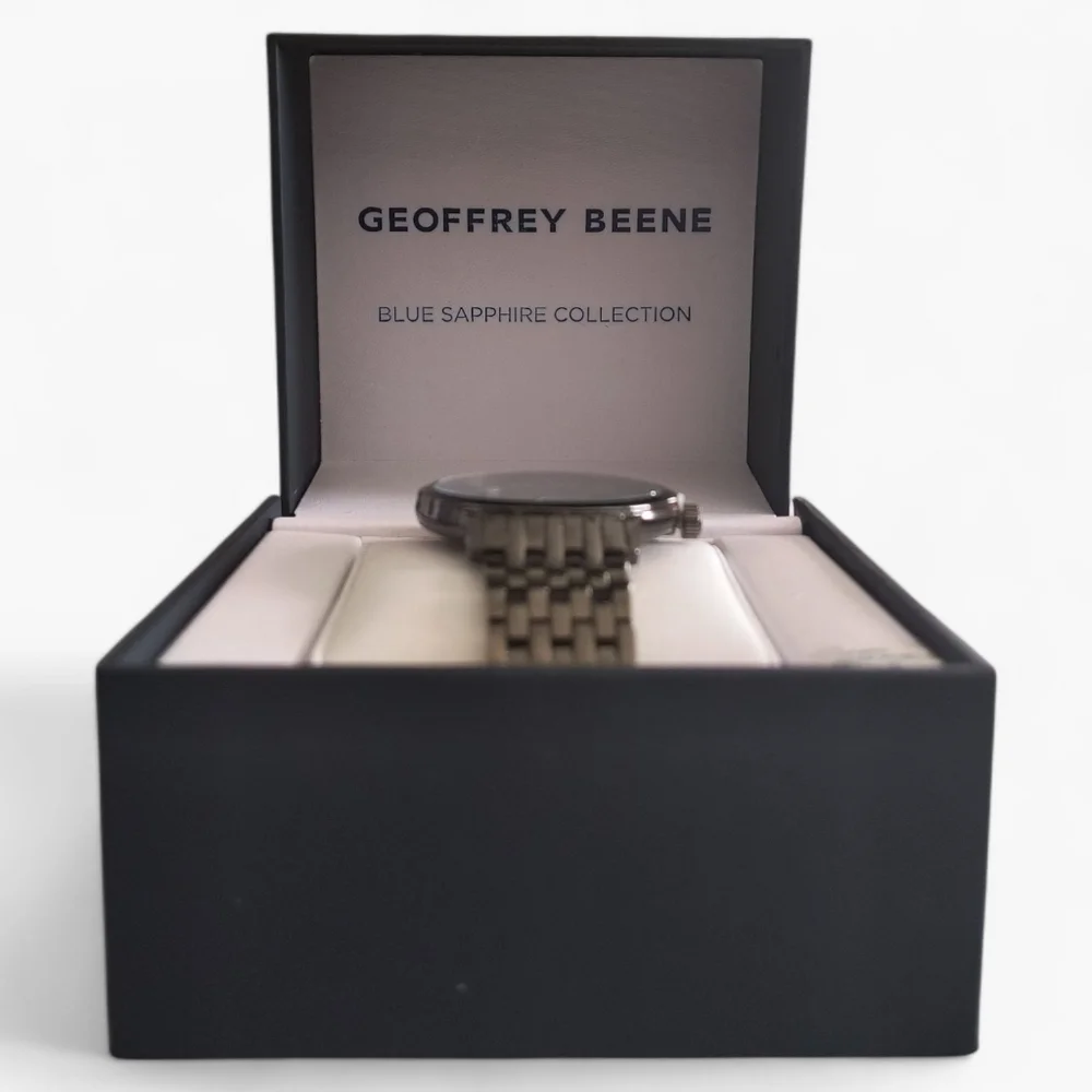 Geoffrey Beene Gunmetal Gray Stainless Steel Blue Sapphire Collection Watch